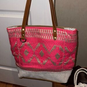 Myra Bag Pink and Tan Patterned Tote Bag